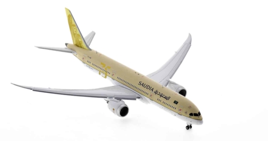 Front starboard side view of the 1-400 scale diecast model Boeing 787-9 Dreamliner, flaps down, registration HZ-ARE, Saudia livery with 75th Anniversary and "Golden Leadership" logos, 2021 - JC Wings LH4SVA274A / LH4274A