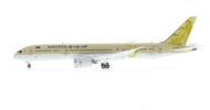 Port side view of the 1-400 scale diecast model Boeing 787-9 Dreamliner, flaps down, registration HZ-ARE, Saudia livery with 75th Anniversary and "Golden Leadership" logos, 2021 - JC Wings LH4SVA274A / LH4274A