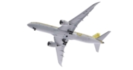 Underside view of 1-400 scale diecast model Boeing 787-9 Dreamliner, flaps down, registration HZ-ARE, Saudia livery with 75th Anniversary and "Golden Leadership" logos, 2021 - JC Wings LH4SVA274A / LH4274A