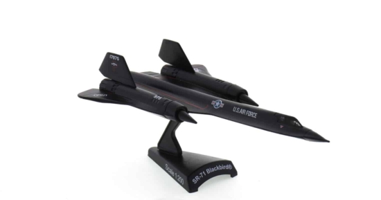 Front starboard side view of the Lockheed SR-71A Blackbird 1/200 scale diecast model of s/n 61-7975, 9th RW, DET-2 USAF, Kadena AFB, Japan, circa the 1990s - Postage Stamp Collection PS5389