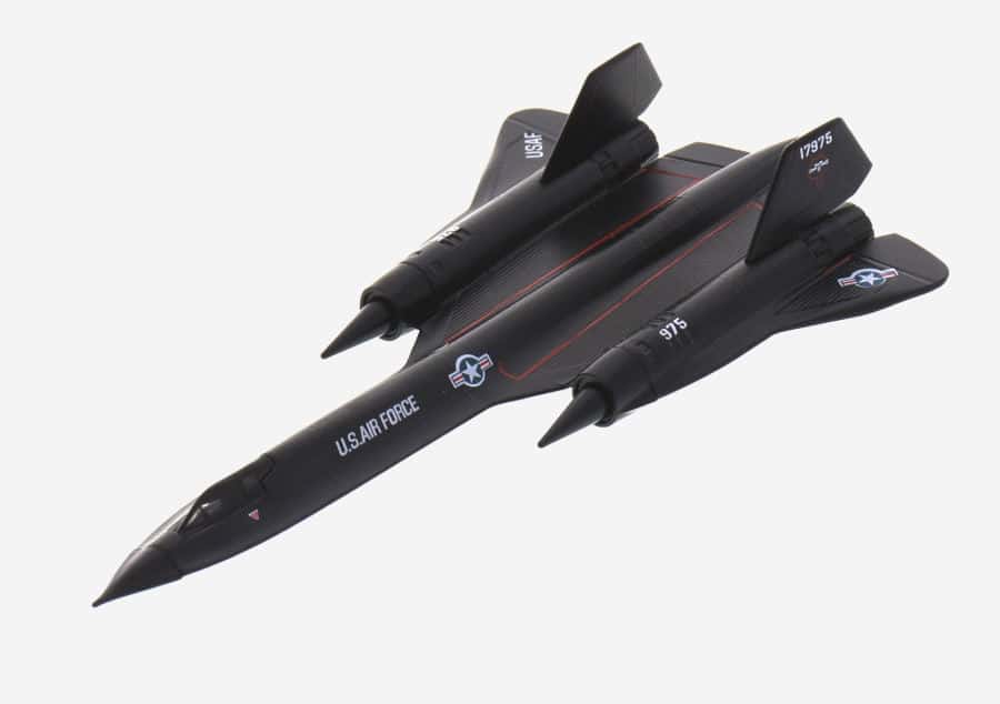 Top view of the Lockheed SR-71A Blackbird 1/200 scale diecast model of s/n 61-7975, 9th RW, DET-2 USAF, Kadena AFB, Japan, circa the 1990s - Postage Stamp Collection PS5389