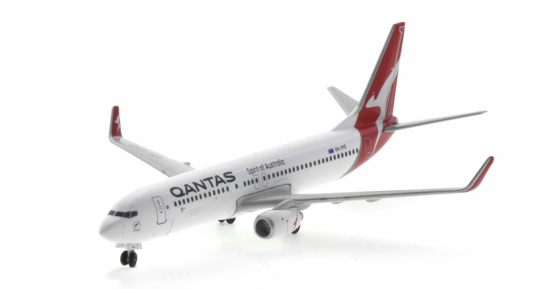 Front port side view of the 1/300 scale diecast model Boeing 737-800 NG, registration VH-VYE in Qantas livery - Postage Stamp Collection PS58155 