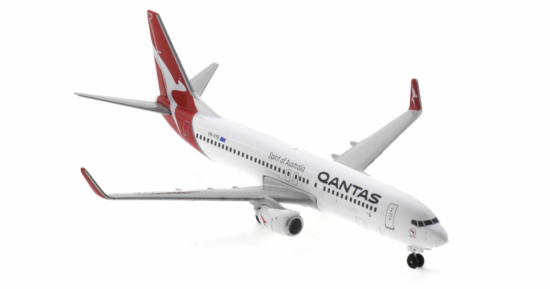 Front starboard side view of the 1/300 scale diecast model Boeing 737-800 NG, registration VH-VYE in Qantas livery - Postage Stamp Collection PS58155