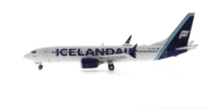 Port side view of the  1/400 scale diecast model Boeing 737 MAX 8, registration TF-ICE in Icelandair livery - Gemini Jets GJICE2123