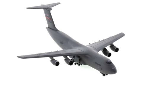 Front starboard side view of the 1/400 scale diecast model Lockheed C-5M Galaxy serial 87-0037, 337th Airlift Squadron, 439th Airlift Wing, United States Air Force.