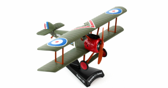 Front starboard side view of the 1/63 scale diecast model Sopwith Camel F.1, Serial B7270, flown by Canadian ace Captain Arther Brown of No. 209 Squadron, RAF on April 21, 1918, when he was credited with downing the "Red Baron". - Postage Stamp Collection PS53502