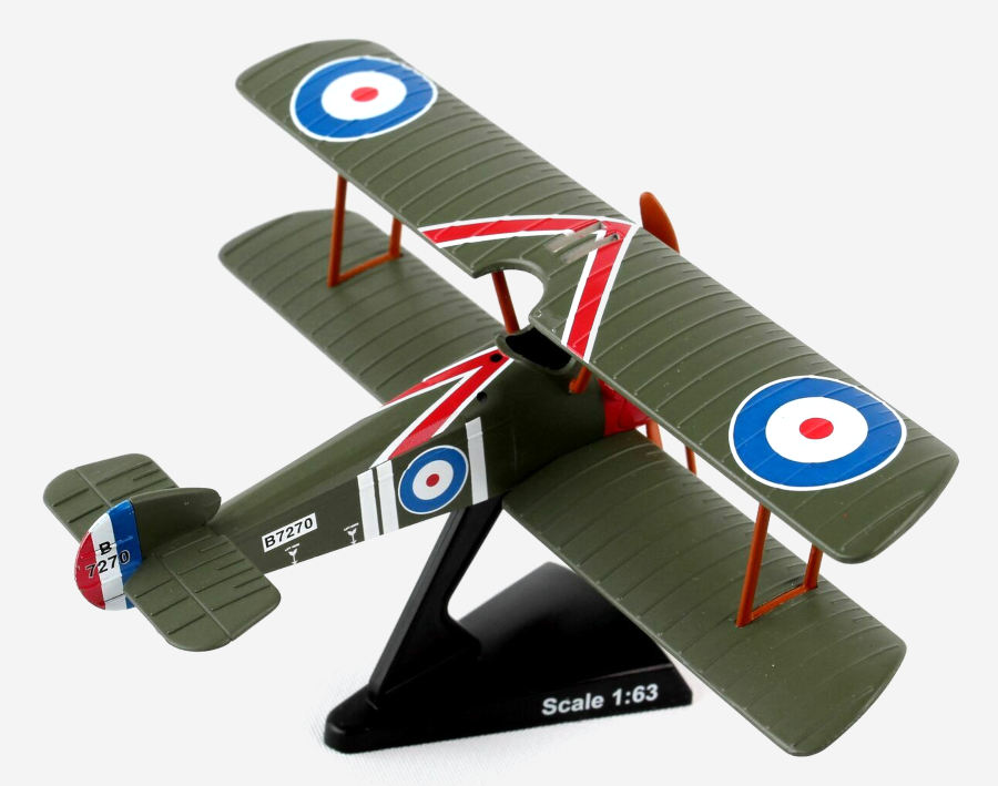 Top view of the 1/63 scale diecast model Sopwith Camel F.1, Serial B7270, flown by Canadian ace Captain Arther Brown of No. 209 Squadron, RAF  on April 21, 1918, when he was credited with downing the "Red Baron". - Postage Stamp Collection PS53502