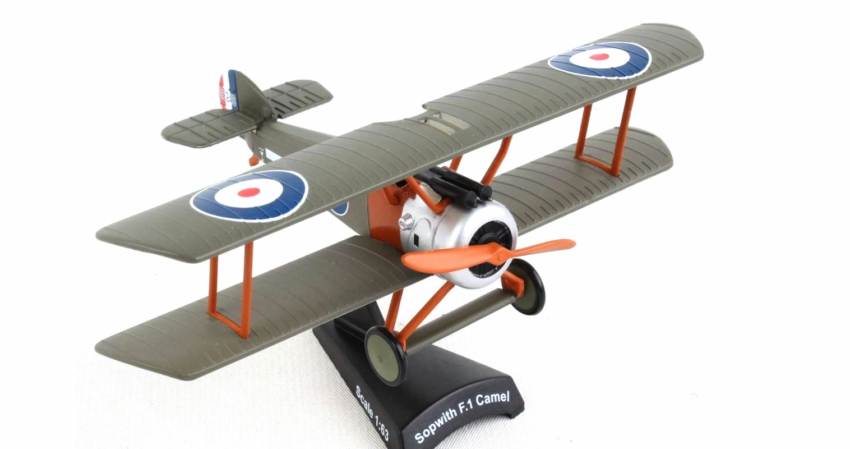 Front starboard side view of the 1/63 scale diecast model Sopwith Camel F.1 Serial B524 of No. 6 Squadron, Australian Flying Corps (AFC), England, 1918 - Postage Stamp Collection PS53503