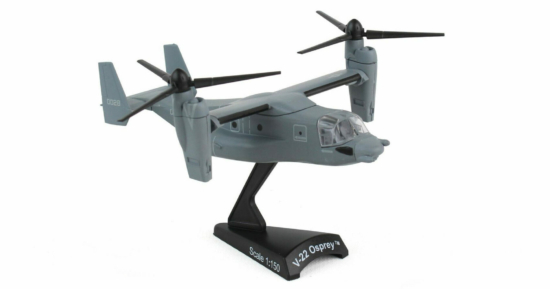 Front starboard side view with rotors tilted up, 1/150 scale diecast model Bell Boeing CV-22B Osprey serial 05-0028 of the 8th Special Operations Squadron "Blackbirds", United States Air Force - Postage Stamp Collection PS53781