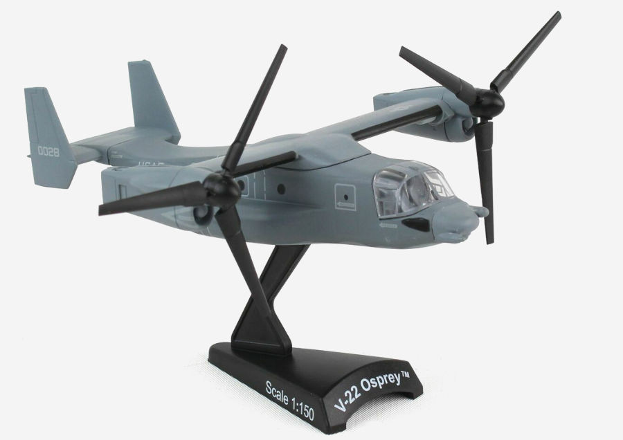 Front starboard side view with rotors tilted forward, 1/150 scale diecast model Bell Boeing CV-22B Osprey serial 05-0028 of the 8th Special Operations Squadron "Blackbirds", United States Air Force - Postage Stamp Collection PS53781