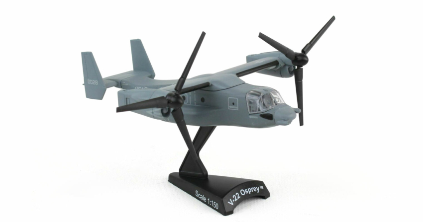 Front starboard side view with rotors tilted forward, 1/150 scale diecast model Bell Boeing CV-22B Osprey serial 05-0028 of the 8th Special Operations Squadron "Blackbirds", United States  Air Force - Postage Stamp Collection PS53781