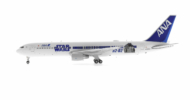Port side view of the 1/200 scale diecast model B767-300ER, registration JA604A, in All Nippon Airlines's Star Wars "R2-D2" (port side) and "BB-8" (starboard side) livery - JC Wings EW2763005