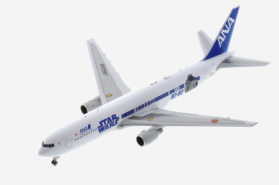 Top view of the 1/200 scale diecast model B767-300ER, registration JA604A, in All Nippon Airlines's Star Wars "R2-D2" (port side) and "BB-8" (starboard side) livery - JC Wings EW2763005