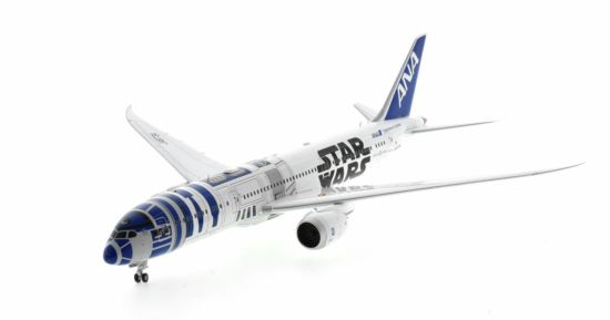 Front port side view of the 1-200 scale diecast model Boeing 787-9 Dreamliner registration JA873A, in All Nippon Airlines (ANA) Star Wars "R2D2" livery - JC Wings EW2789009