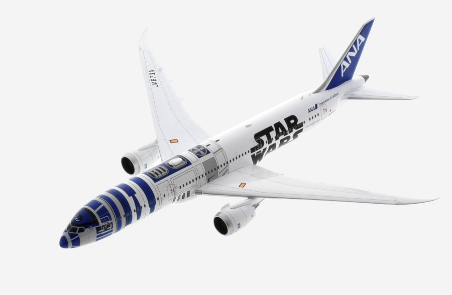 Top view of the 1-200 scale diecast model Boeing 787-9 Dreamliner registration JA873A, in All Nippon Airlines (ANA) Star Wars "R2D2" livery - JC Wings  EW2789009 