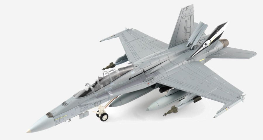 Front port side view of the 1/72 scale diecast model McDonnell Douglas F/A-18B Hornet serial number A21-117 of No. 75 Sqn, RAAF With "Final Flight" tail scheme, November 2021 - Hobby Master HA3570