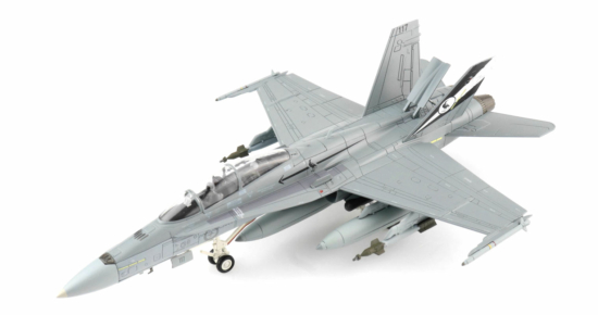 Front port side view of the 1/72 scale diecast model McDonnell Douglas F/A-18B Hornet serial number A21-117 of No. 75 Sqn, RAAF. With "Final Flight" tail scheme, November 2021 - Hobby Master HA3570