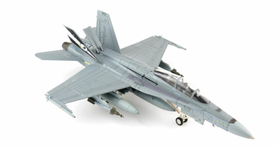 Front starboard side view of the 1/72 scale diecast model McDonnell Douglas F/A-18B Hornet serial number A21-117 of No. 75 Sqn, RAAF. With "Final Flight" tail scheme, November 2021 - Hobby Master HA3570