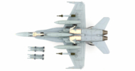 Underside view of the 1/72 scale diecast model McDonnell Douglas F/A-18B Hornet serial number A21-117 of No. 75 Sqn, RAAF. With "Final Flight" tail scheme, November 2021 - Hobby Master HA3570