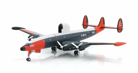 Front port side view of the 1/200 scale diecast model Lockheed EC-121K (WV-2) Warning Star serial 137890, US Navy, assigned to the Pacific Missile Range, Naval Air Station Point Magu, California, during 1962 - Hobby Master HL9013