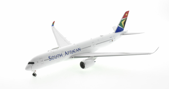 Front port side view of the 1/200 scale diecast model A350-900 of registration ZS-SDF in South African Airways (SAA) livery - Inflight200 IF359SAA05