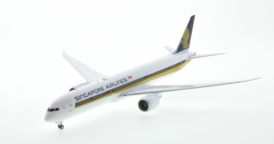 Front port side view of the 1/200 scale diecast model Boeing 787-10 Dreamliner registration 9V-SCQ, in Singapore Airlines livery - WB Models WB-787-10-003