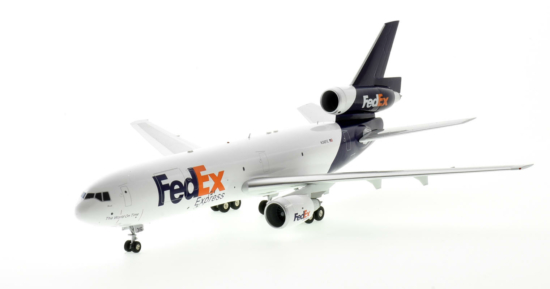 Front port side view of the 1/200 scale diecast model McDonnell Douglas MD-10-30F registration N315FE in FedEx livery - B Models B-DC10-FE-316