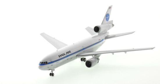 Front port side view of the 1-200 scale diecast model McDonnell Douglas DC-10-30 named "Clipper Aurora", registration N82NA in Pan Am livery, circa the early 1980s - Inflight200 IFDC10PA0822P