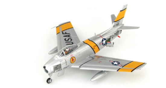 Front port side view of the 1/72 scale diecast model North American F-86E Sabre Buzz number FU-760. Flown by Lieutenant Charles G. Cleveland, 334th Fighter Interceptor Squadron, 4th Fighter Interceptor Wing, United States Air Force, Korea, 1953 = Hobby Master HA4314b