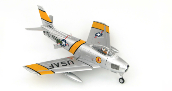 Front starboard side view of the 1/72 scale diecast model North American F-86E Sabre Buzz number FU-760. Flown by Lieutenant Charles G. Cleveland, 334th Fighter Interceptor Squadron, 4th Fighter Interceptor Wing, United States Air Force, Korea, 1953 = Hobby Master HA4314b