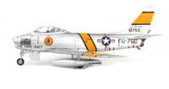Port side view of the 1/72 scale diecast model North American F-86E Sabre Buzz number FU-760. Flown by Lieutenant Charles G. Cleveland, 334th Fighter Interceptor Squadron, 4th Fighter Interceptor Wing, United States Air Force, Korea, 1953 = Hobby Master HA4314b