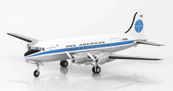 Front port side view of tne 1/200 scale diecast model Douglas DC-4 (built as a C-47E) registration N88886, named "Clipper Mandarin" in Pan American World Airways (Pan Am) livery, circa the late 1950s - Hobby Master HL2023