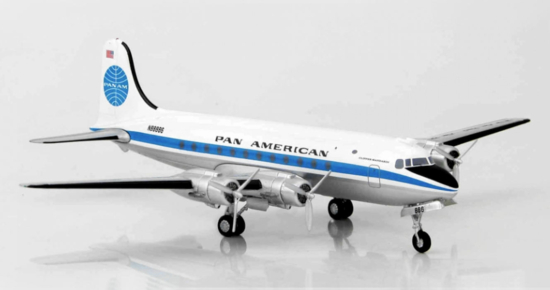 Front starboard side view of tne 1/200 scale diecast model Douglas DC-4 (built as a C-47E) registration N88886, named "Clipper Mandarin" in Pan American World Airways (Pan Am) livery, circa the late 1950s - Hobby Master HL2023
