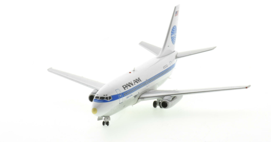 Front port side view of the 1/200 scale diecast model Boeing 737-200/Adv named "Clipper Luftikus" registration N70723, in Pan Am livery, circa the 1980s - Inflight200 IF732PA0822P