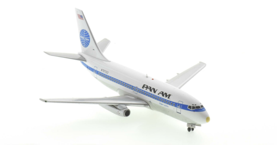 Front starboard side view of the 1/200 scale diecast model Boeing 737-200/Adv named "Clipper Luftikus" registration N70723, in Pan Am livery, circa the 1980s - Inflight200 IF732PA0822P