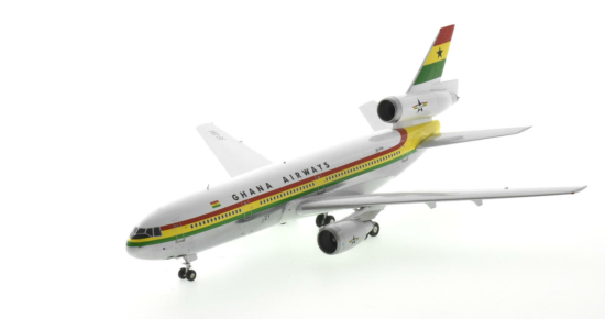 Front port side view of the 1/200 scale diecast model McDonnell Douglas DC-10-30 registration 9G-ANA, in Ghana Airways livery - Inflight200 IFDC10GH0622P