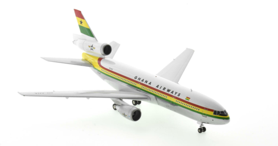 Front starboard side view of the 1/200 scale diecast model McDonnell Douglas DC-10-30 registration 9G-ANA, in Ghana Airways livery - Inflight200 IFDC10GH0622P