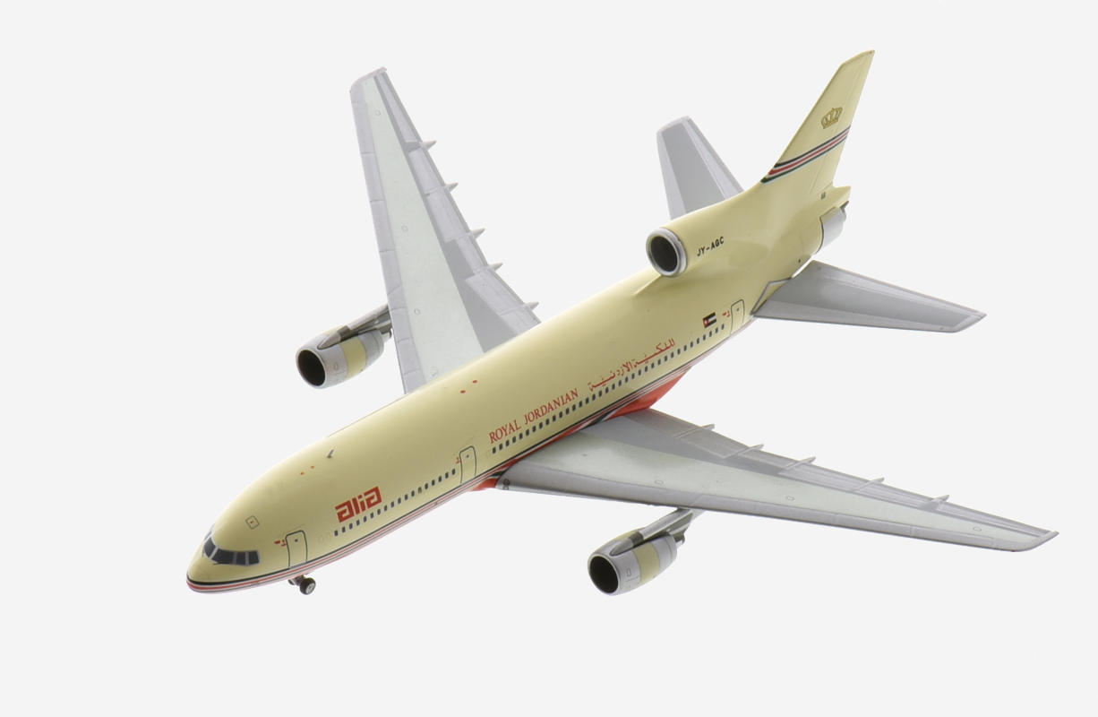 Top view of the 1/400 scale diecast model Lockheed L-1011-500 TriStar registration JY-AGC in Alia - The Royal Jordanian Airline livery, circa the early 1980s - NG Models NG35016 