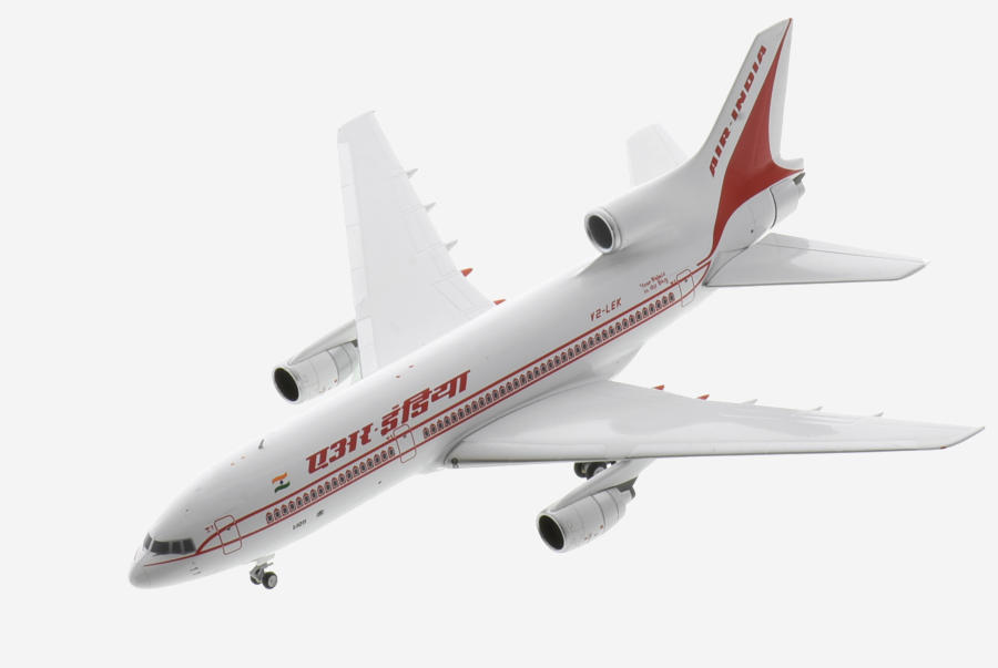 Top view of the 1/400 scale diecast model Lockheed L-1011-500 TriStar  registration V2-LRK in Air India livery, circa the early 1990s - NG Models NG35019
