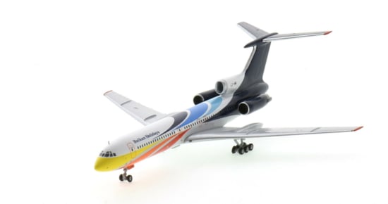 Front port side view of the 1/400 scale diecast model of the Tupolev Tu-154M registration LZ-HMI in BH Air livery, circa the early 2000s - NG Models NG54002