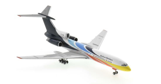 Front starboard side view of the 1/400 scale diecast model of the Tupolev Tu-154M registration LZ-HMI in BH Air livery, circa the early 2000s - NG Models NG54002