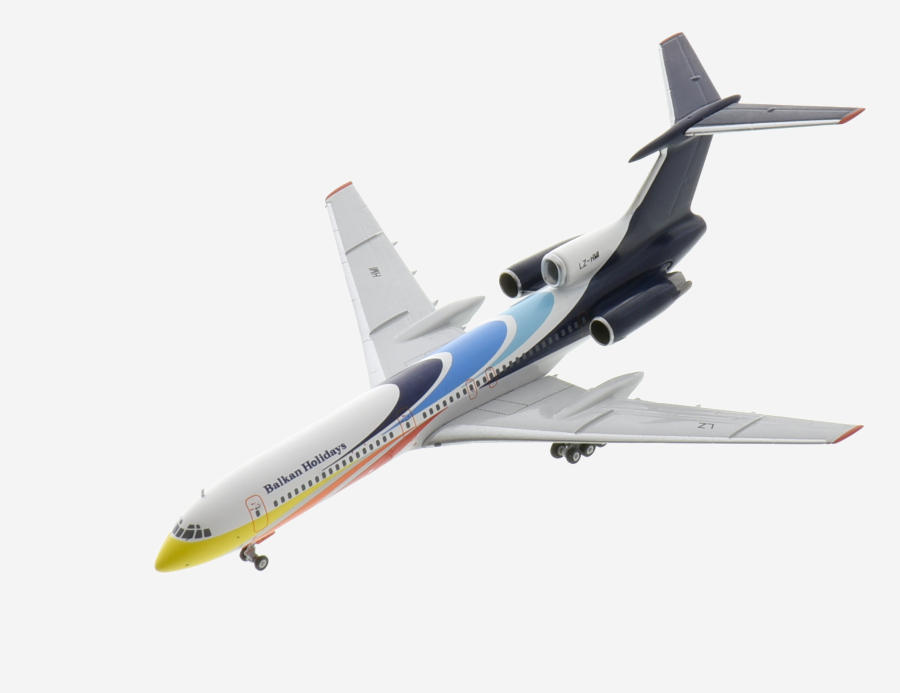 Top view of the 1/400 scale diecast model of the Tupolev Tu-154M registration LZ-HMI in BH Air livery, circa the early 2000s - NG Models NG54002  