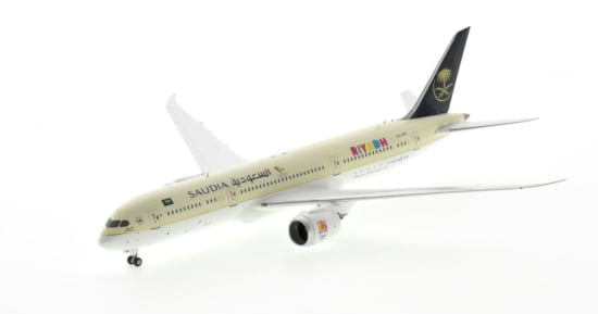 Front port side view of the 1/400 scale diecast model Boeing 787-9 Dreamliner registration HZ-ARC, in Saudi Arabian Airlines livery with "Riyadh Season" titles, circa 2000 - NG Models NG55080