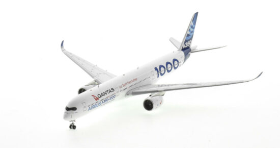 Front port side view of the 1/400 scale diecast model of the Airbus A350-1000, registration F-WMIL in Airbus house colours with Qantas logo, "Project Sunrise" - Aviation400 AV4144