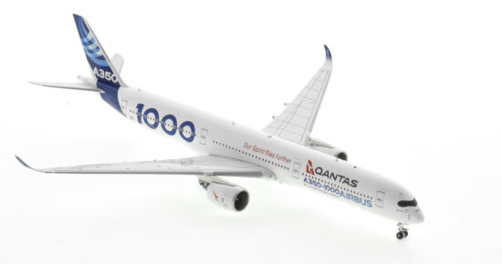 Front starboard side view of the 1/400 scale diecast model of the Airbus A350-1000, registration F-WMIL in Airbus house colours with Qantas logo, "Project Sunrise" - Aviation400 AV4144