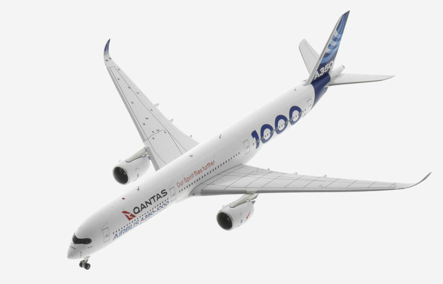 Top view of the 1/400 scale diecast model of the Airbus A350-1000, registration F-WMIL in Airbus house colours with Qantas logo, "Project Sunrise" - Aviation400 AV4144