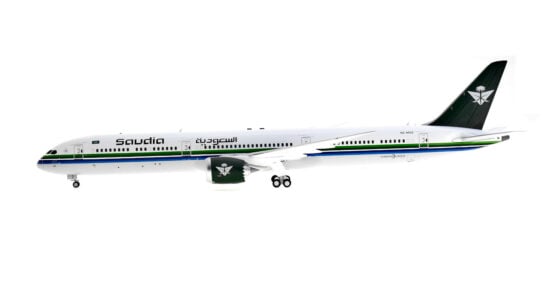 Port side view of the 1/200 scale diecast model of the Boeing 787-10 Dreamliner registration HZ-AR32, in Saudia livery - B Models B-78X-AR32