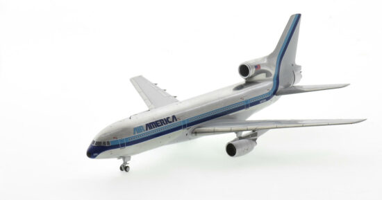 Front port side view of the 1-400 scale diecast model Lockheed L-1011-1 TriStar registration N372EA, in Air America hybrid Eastern Air Lines livery with polished metal, circa 1989 - Buchannan Models BM10003