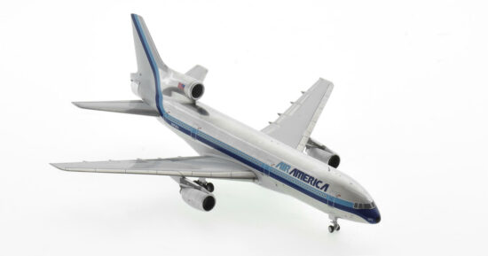 Front starboard side view of the 1-400 scale diecast model Lockheed L-1011-1 TriStar registration N372EA, in Air America hybrid Eastern Air Lines livery with polished metal, circa 1989 - Buchannan Models BM10003