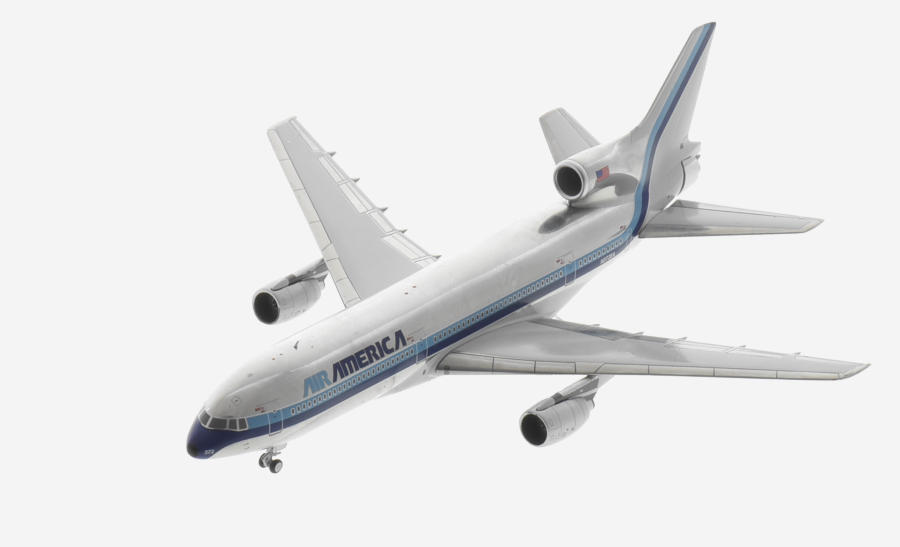 Top view of the 1-400 scale diecast model Lockheed L-1011-1 TriStar registration N372EA, in Air America hybrid Eastern Air Lines livery with polished metal, circa 1989 - Buchannan Models BM10003